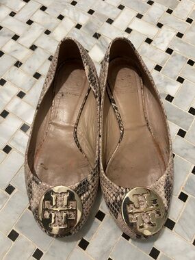 Tory Burch Snake-Print Flats with Gold Logo